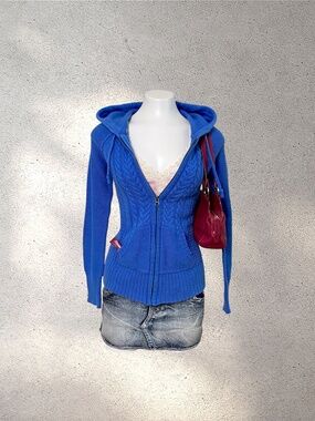 Early 2000s Aeropostale Cobalt Blue Cable Knit Zip Up Hoodie | Y2K Preppy Sweate